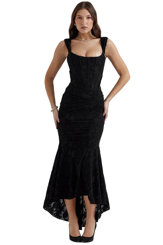 Robe Midi femme en Dentelle avec Taille Froncée et Ourlet Asymétrique-Midi Dress-Gigié