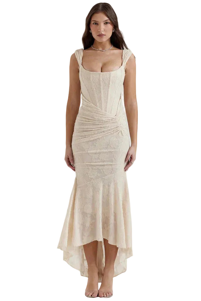 Robe Midi femme en Dentelle avec Taille Froncée et Ourlet Asymétrique-Midi Dress-Gigié