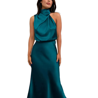 Robe midi femme sans manches avec col montant drapé-Midi Dress-Gigié