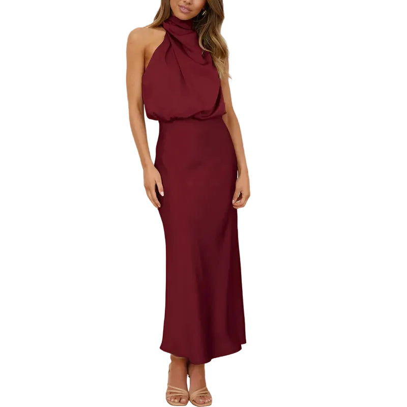Robe midi femme sans manches avec col montant drapé-Midi Dress-Gigié