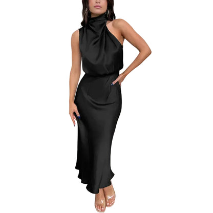 Robe midi femme sans manches avec col montant drapé-Midi Dress-Gigié