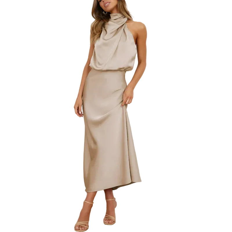 Robe midi femme sans manches avec col montant drapé-Midi Dress-Gigié