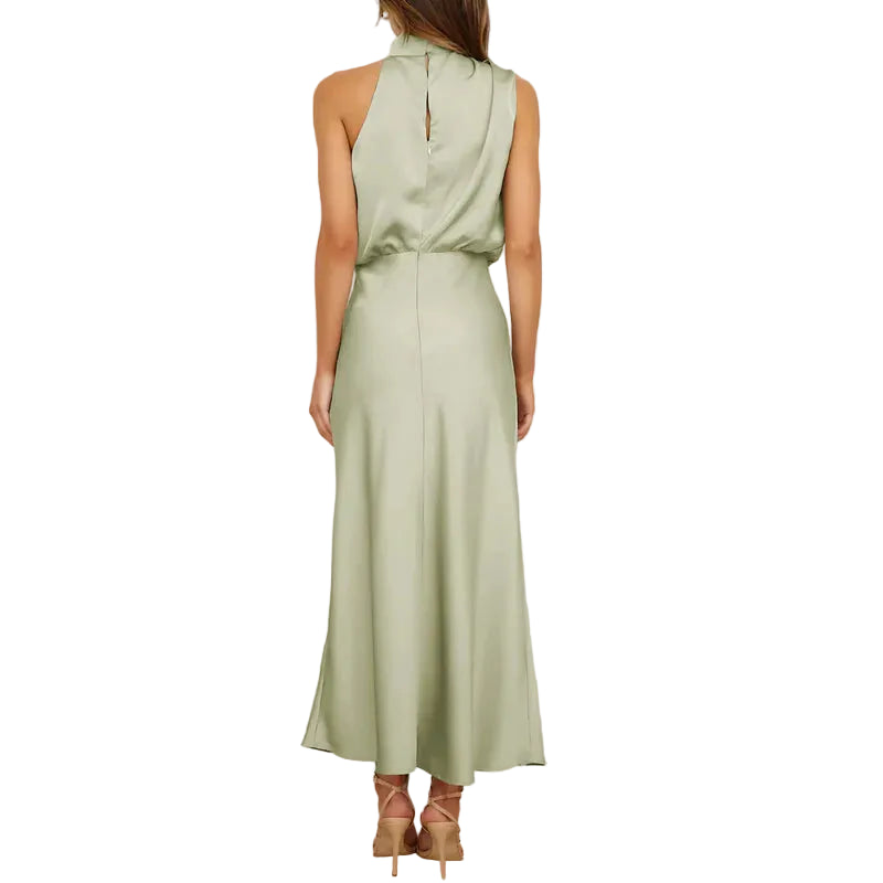Robe midi femme sans manches avec col montant drapé-Midi Dress-Gigié