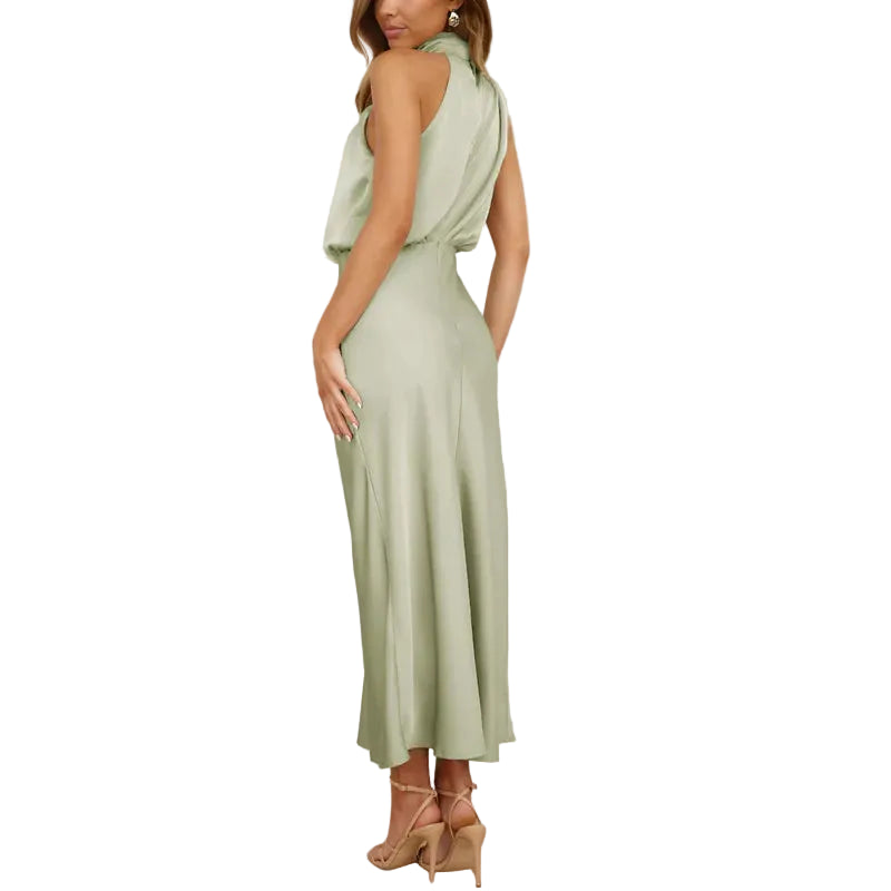 Robe midi femme sans manches avec col montant drapé-Midi Dress-Gigié