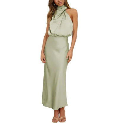 Robe midi femme sans manches avec col montant drapé-Midi Dress-Gigié
