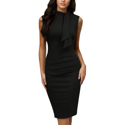 Robe Midi Femme Sans Manches avec Col Montant et Panneau Drapé-Midi Dress-Gigié