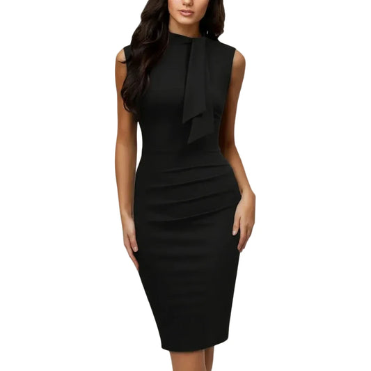 Robe Midi Femme Sans Manches avec Col Montant et Panneau Drapé-Midi Dress-Gigié