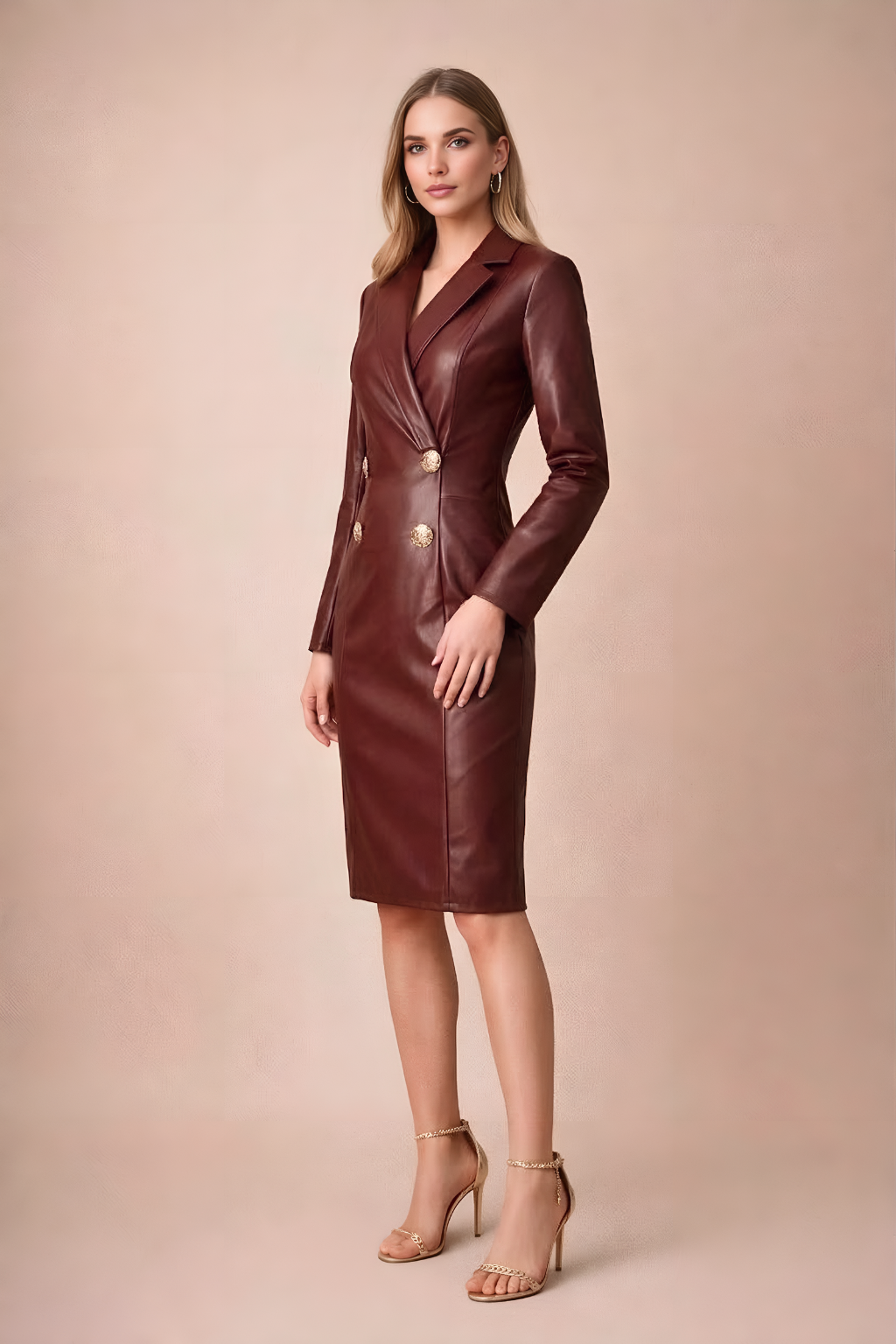 Robe Midi Femme Style Blazer à Manches Longues avec Double Boutonnage-Midi Dress-Gigié