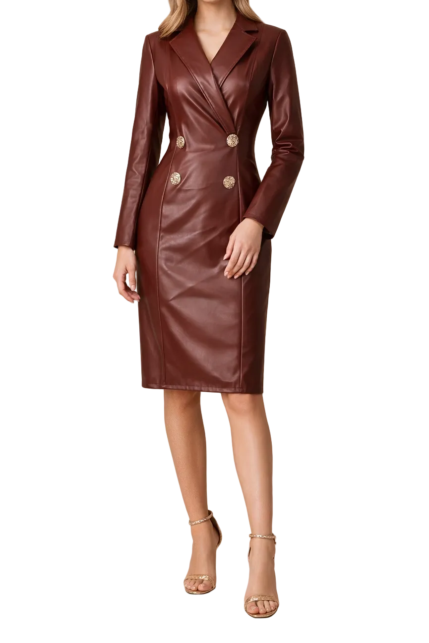 Robe Midi Femme Style Blazer à Manches Longues avec Double Boutonnage-Midi Dress-Gigié