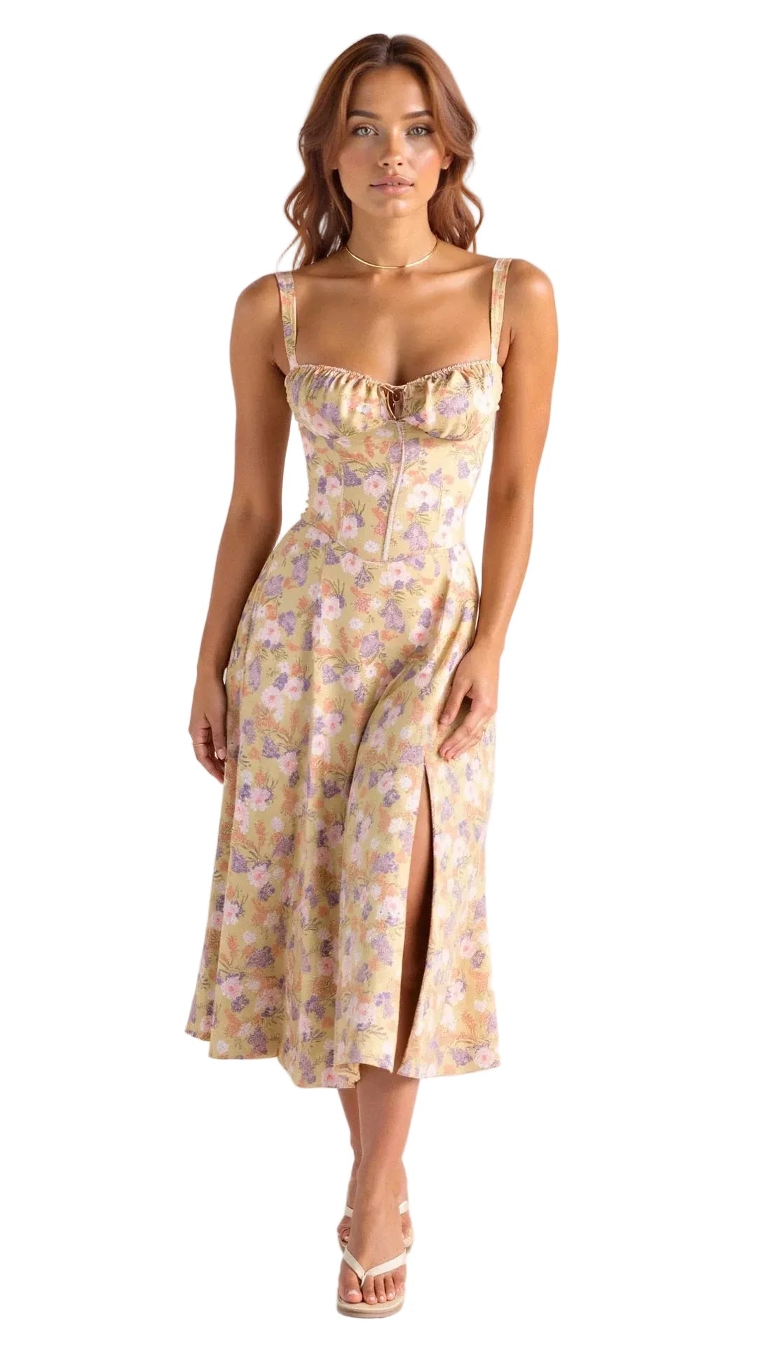 Robe midi femme style corset à motif floral-Midi Dress-Gigié