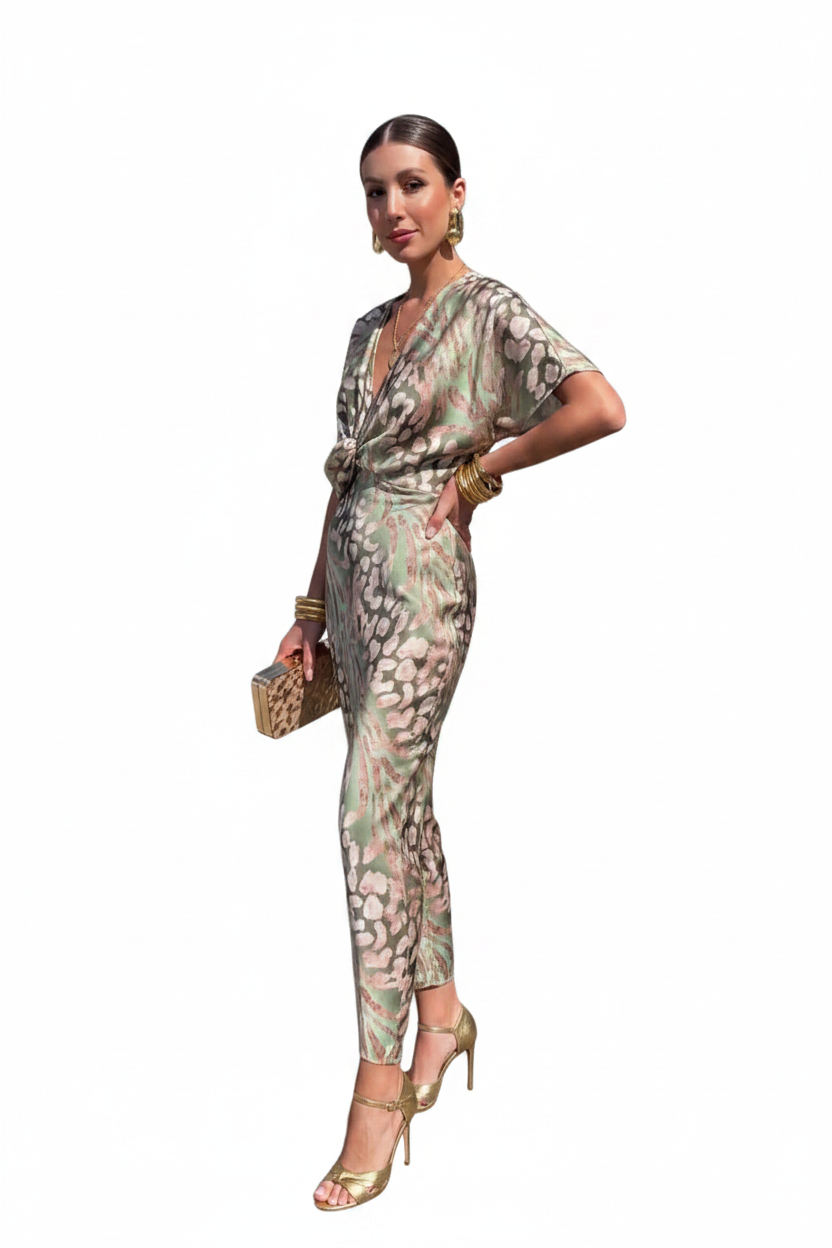 Robe midi imprimée à col en V pour femme-Midi Dress-Gigié
