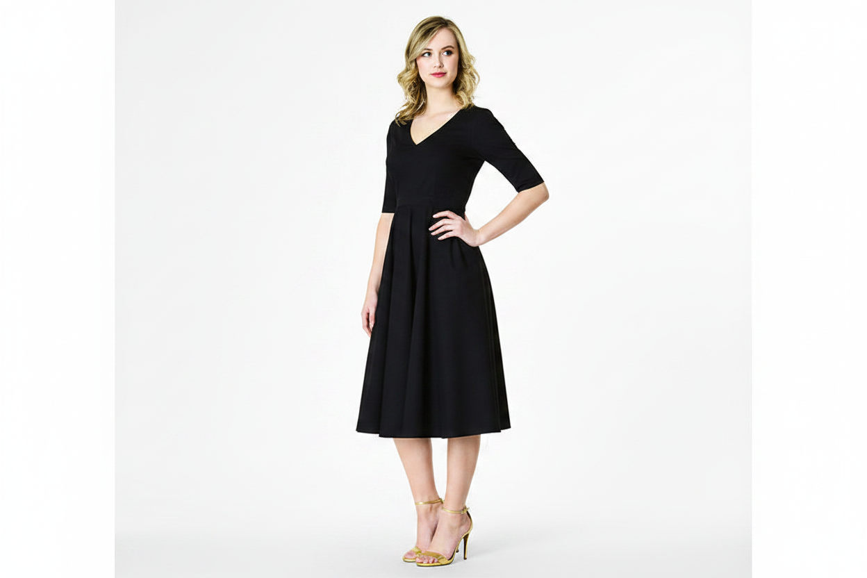 Robe midi pour femme avec encolure en V et jupe plissée-Midi Dress-Gigié