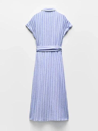 Robe Midi Rayée Femme avec Boutonnage Frontal-Midi Dress-Gigié