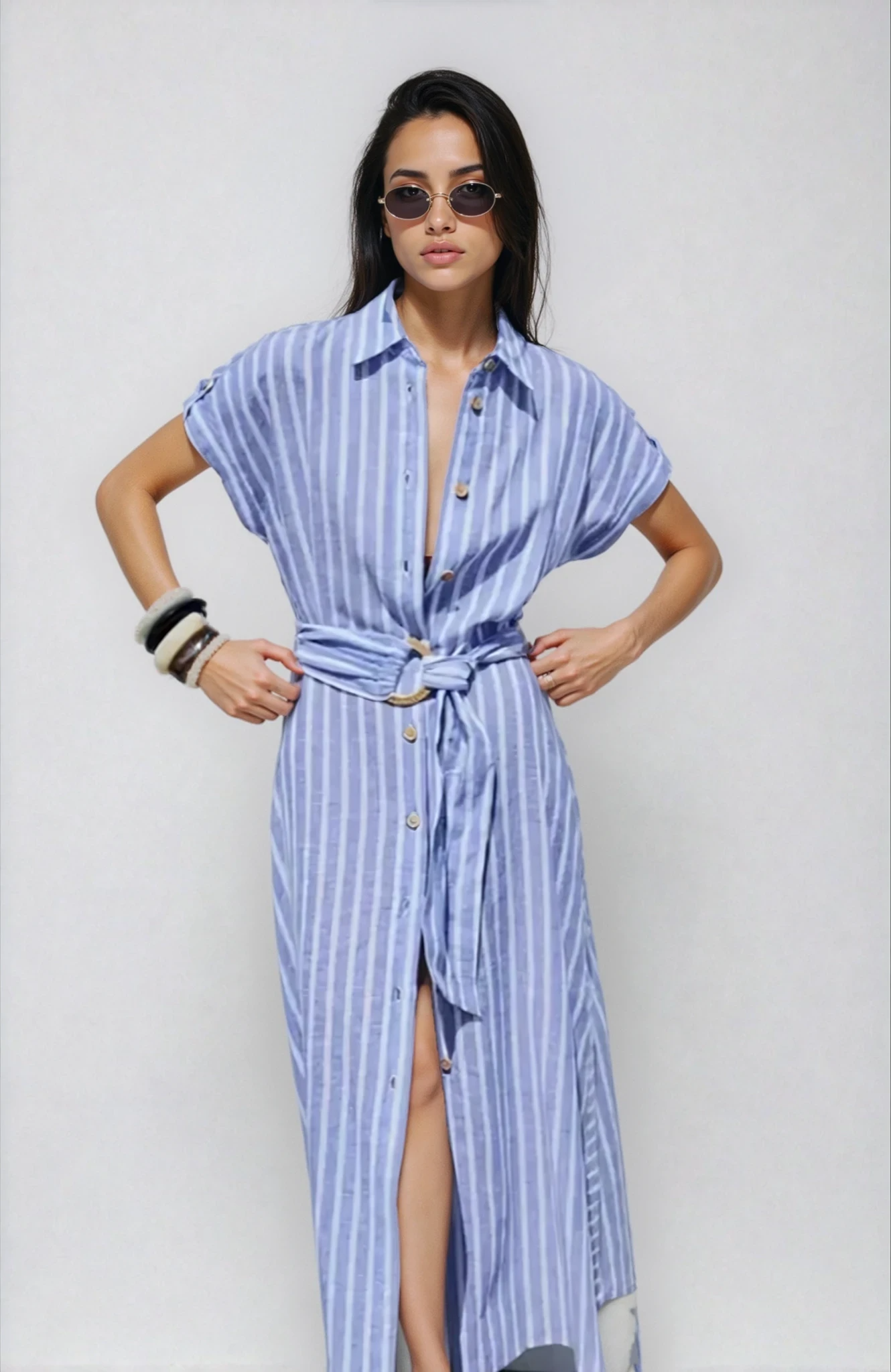 Robe Midi Rayée Femme avec Boutonnage Frontal-Midi Dress-Gigié