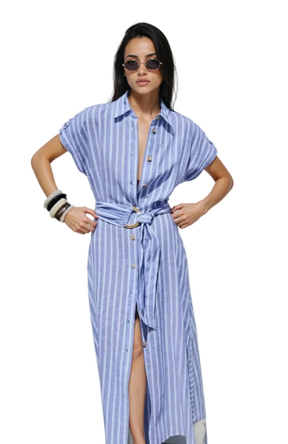 Robe Midi Rayée Femme avec Boutonnage Frontal-Midi Dress-Gigié