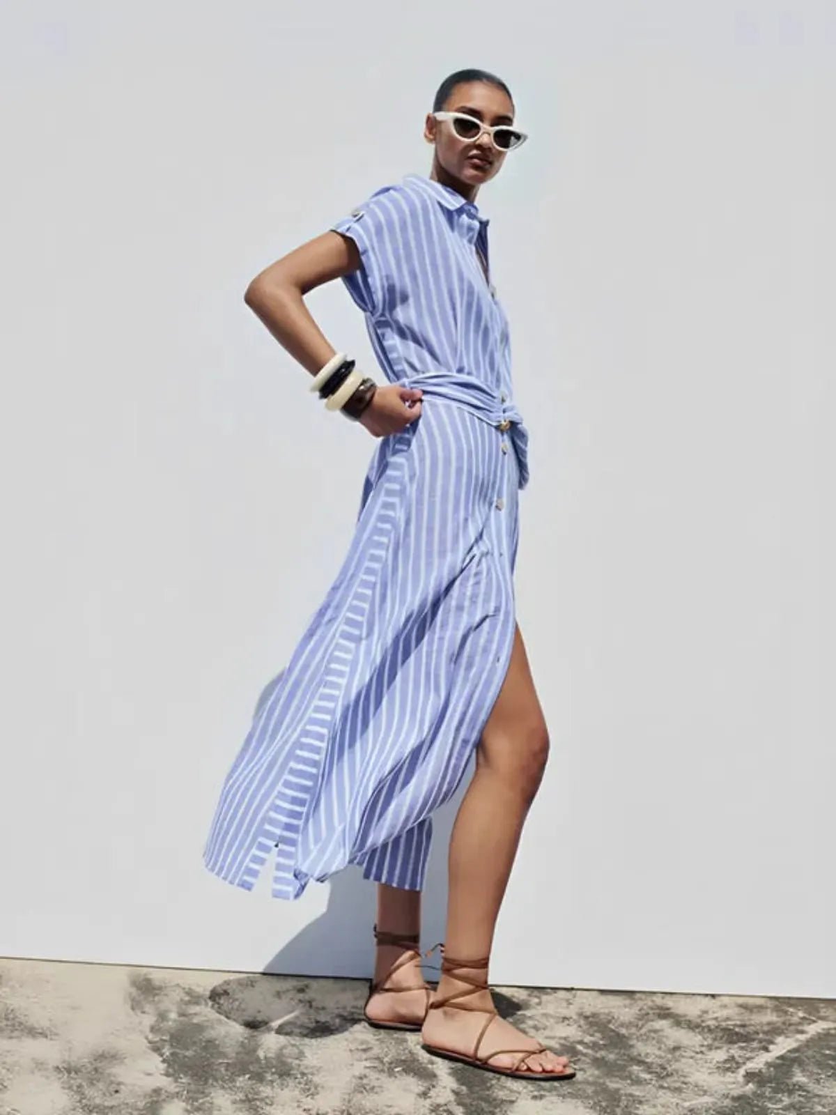 Robe Midi Rayée Femme avec Boutonnage Frontal-Midi Dress-Gigié