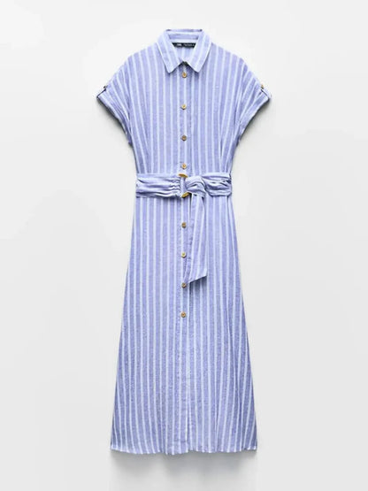 Robe Midi Rayée Femme avec Boutonnage Frontal-Midi Dress-Gigié