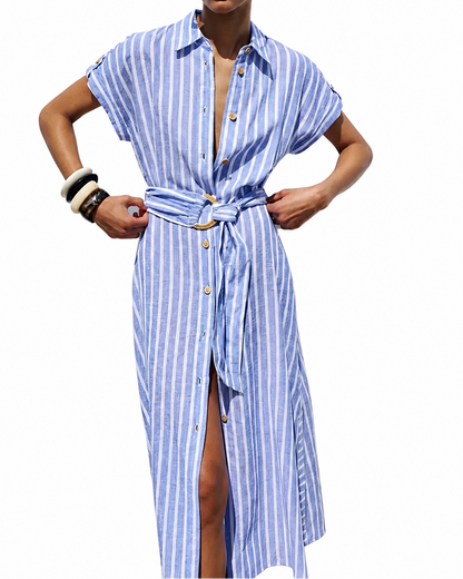 Robe Midi Rayée Femme avec Boutonnage Frontal-Midi Dress-Gigié