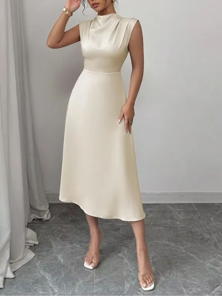 Robe midi sans manches avec col montant et jupe évasée-Midi Dress-Gigié