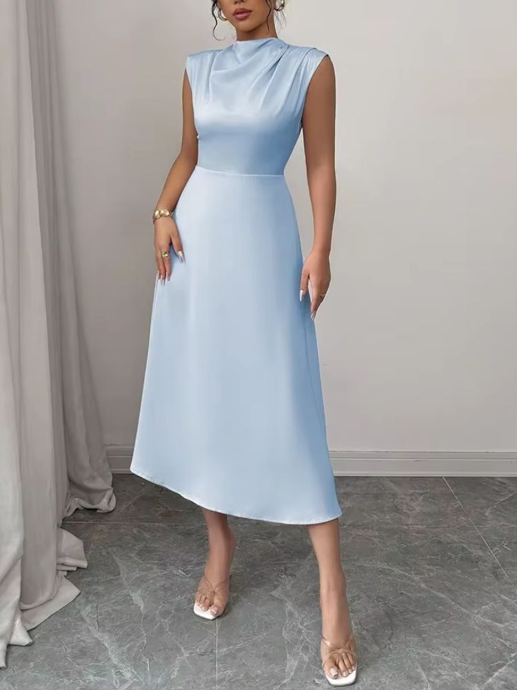 Robe midi sans manches avec col montant et jupe évasée-Midi Dress-Gigié