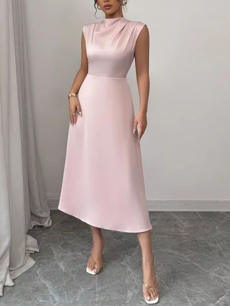 Robe midi sans manches avec col montant et jupe évasée-Midi Dress-Gigié