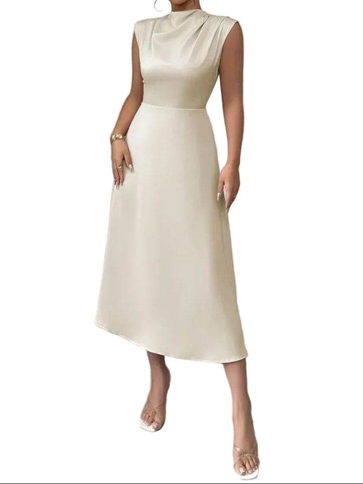 Robe midi sans manches avec col montant et jupe évasée-Midi Dress-Gigié