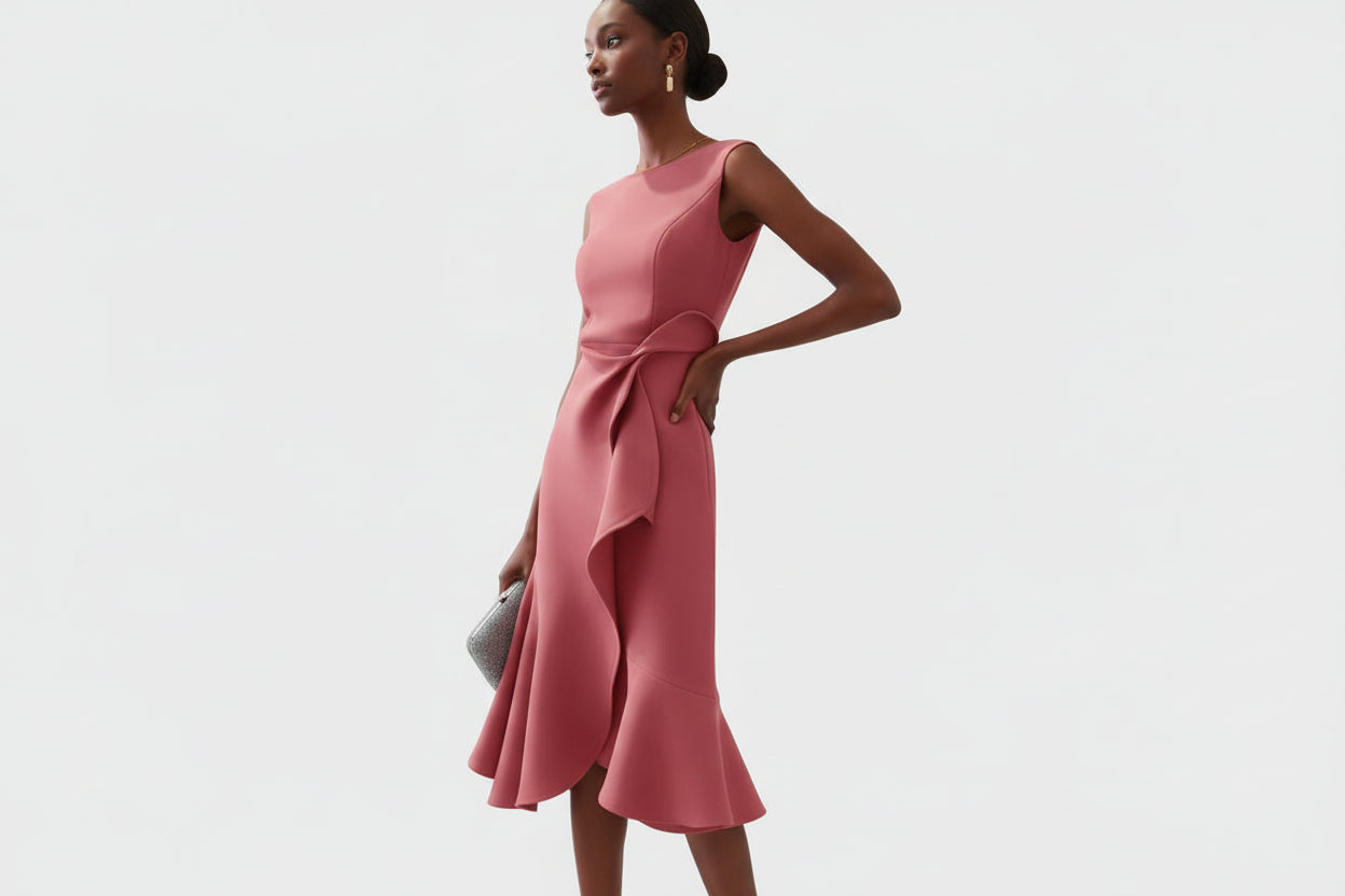 Robe Midi Sans Manches pour Femme avec Drapé Asymétrique à la Taille et Ourlet Évasé-Midi Dress-Gigié