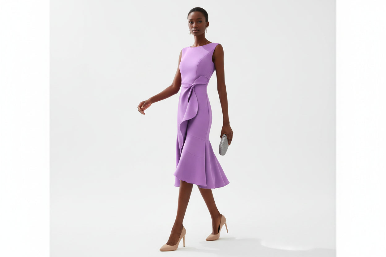 Robe Midi Sans Manches pour Femme avec Drapé Asymétrique à la Taille et Ourlet Évasé-Midi Dress-Gigié