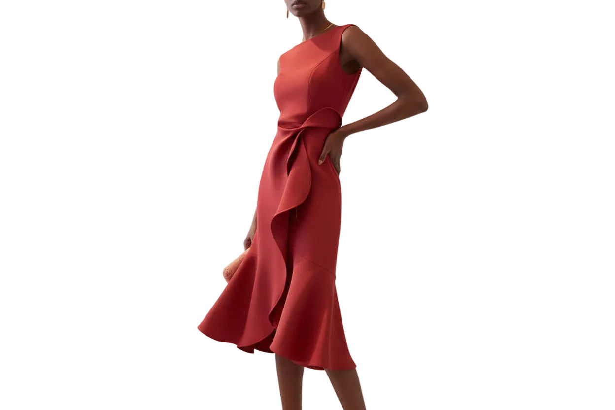 Robe Midi Sans Manches pour Femme avec Drapé Asymétrique à la Taille et Ourlet Évasé-Midi Dress-Gigié