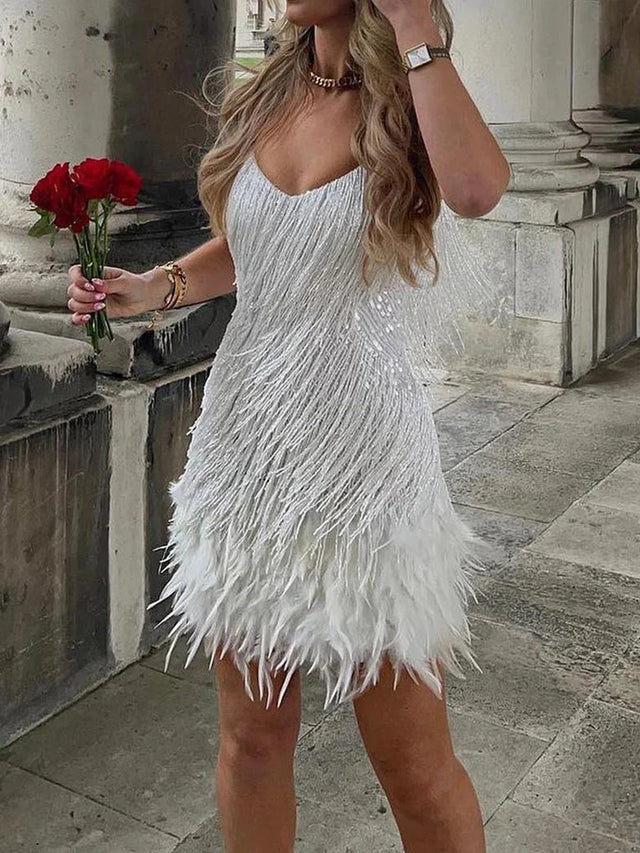 Robe Mini Femme à Franges avec Ourlet à Plumes-Mini Dress-Gigié