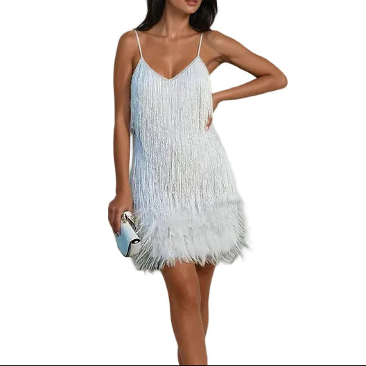 Robe Mini Femme à Franges avec Ourlet à Plumes-Mini Dress-Gigié