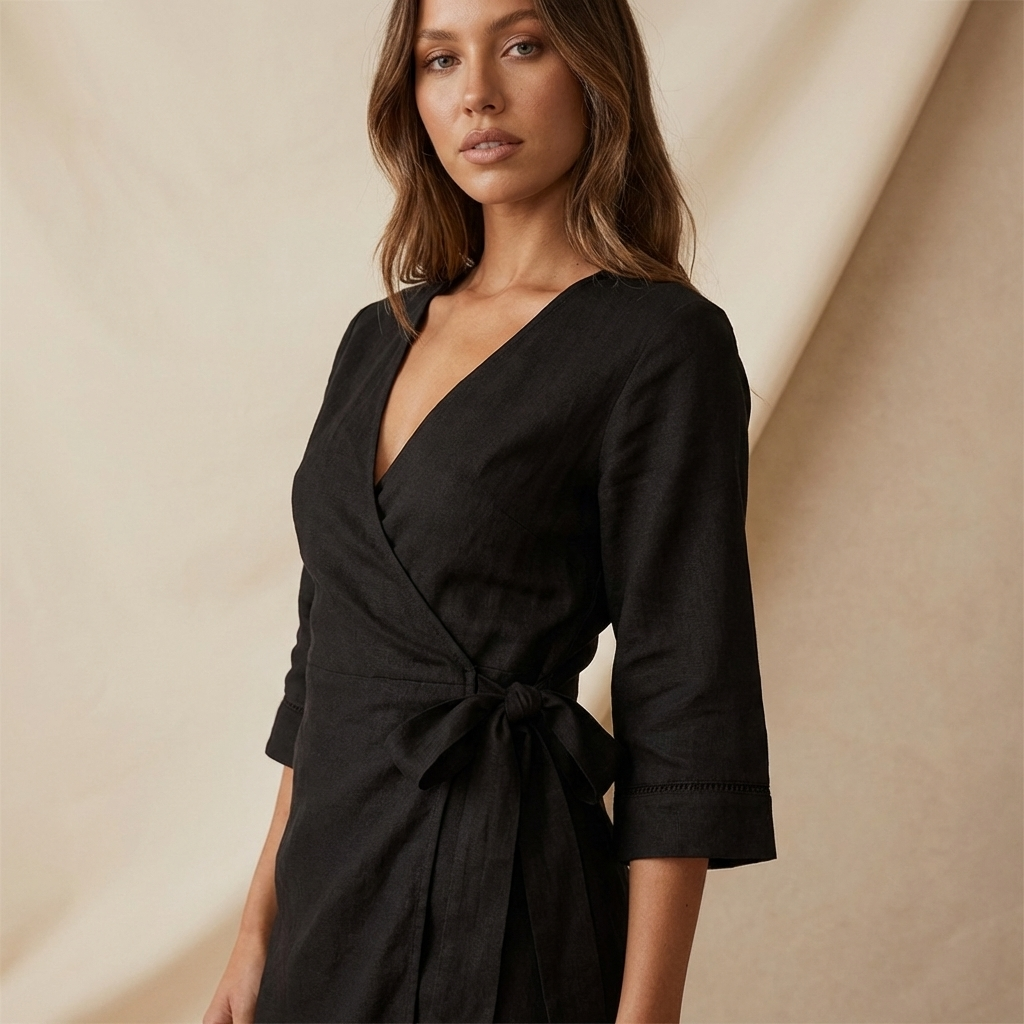 Robe mini femme à manches courtes avec encolure en V, effet portefeuille et lien latéral-Mini Dress-Gigié