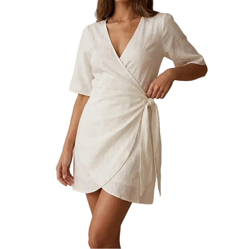 Robe mini femme à manches courtes avec encolure en V, effet portefeuille et lien latéral-Mini Dress-Gigié