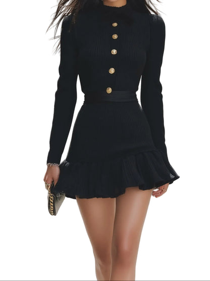 Robe Mini Femme à Manches Longues avec Boutonnage et Ourlet à Volants-Midi Dress-Gigié