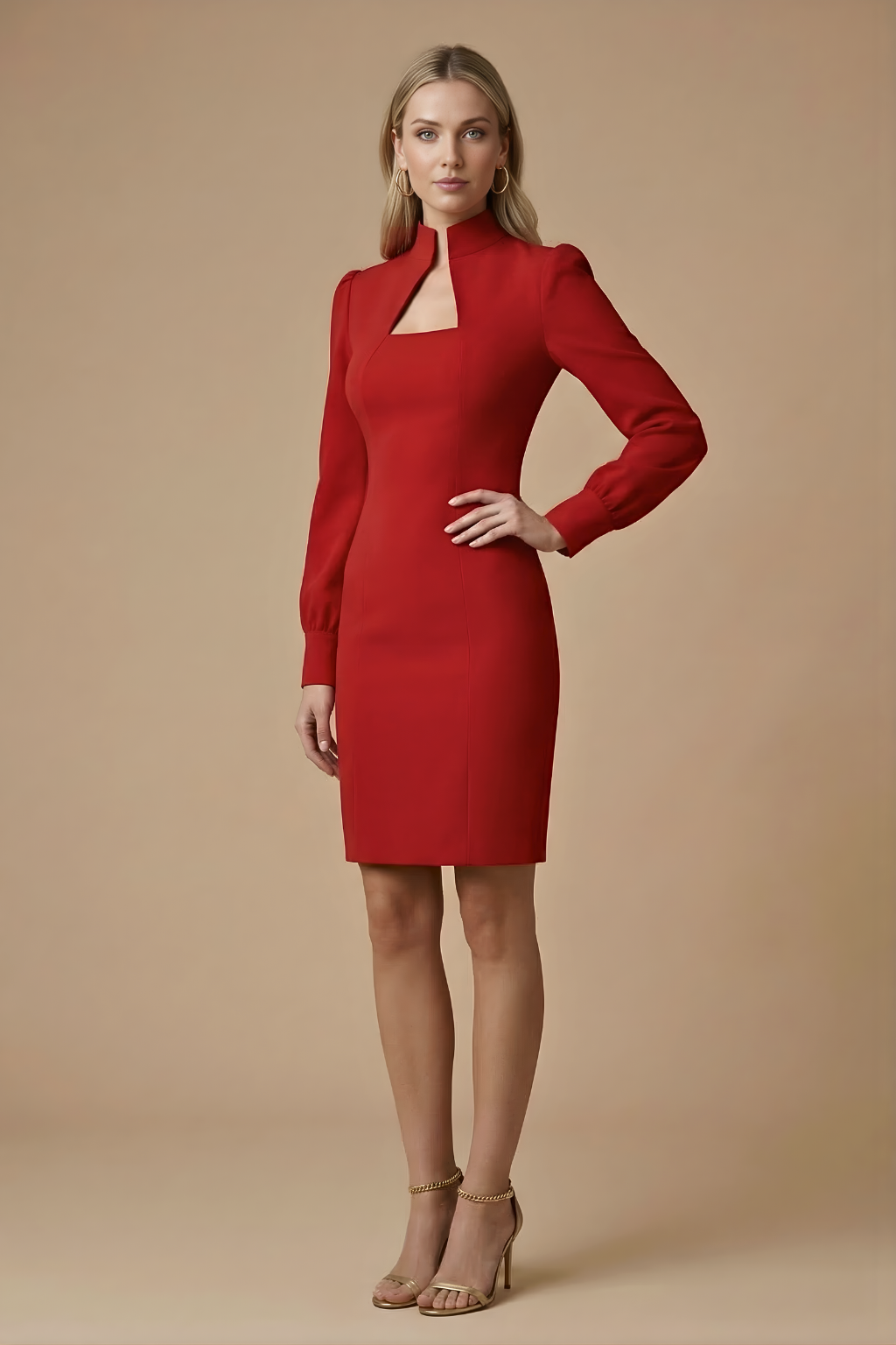 Robe Mini Femme à Manches Longues avec Col Montant et Découpe-Mini Dress-Gigié