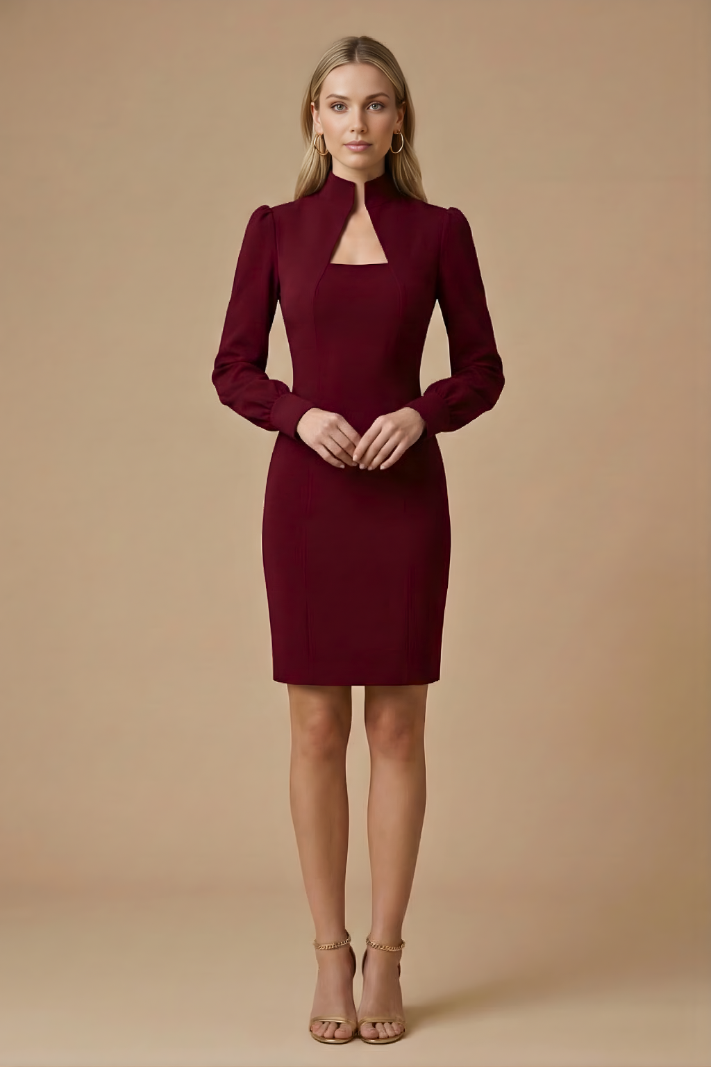 Robe Mini Femme à Manches Longues avec Col Montant et Découpe-Mini Dress-Gigié