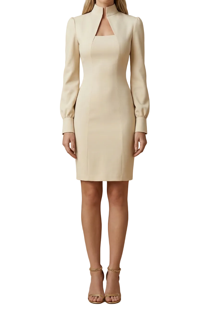 Robe Mini Femme à Manches Longues avec Col Montant et Découpe-Mini Dress-Gigié