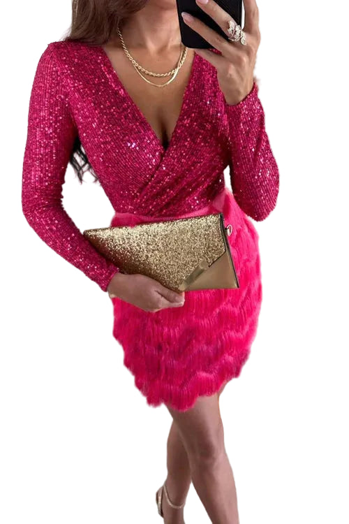 Robe Mini femme à Sequins avec Jupe à Plumes-Mini Dress-Gigié