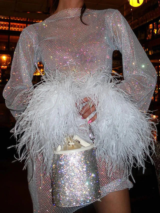 Robe Mini Femme à Sequins avec Manches à Plumes-Mini Dress-Gigié