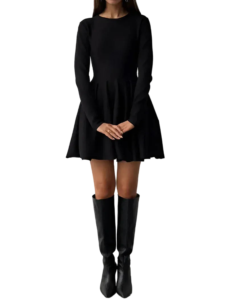 Robe mini pour femmes à manches longues avec col rond et jupe évasée-Mini Dress-Gigié
