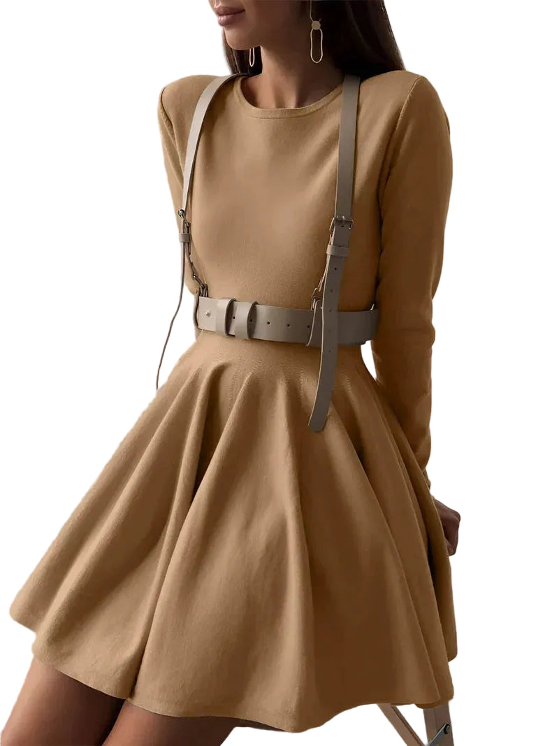 Robe mini pour femmes à manches longues avec col rond et jupe évasée-Mini Dress-Gigié