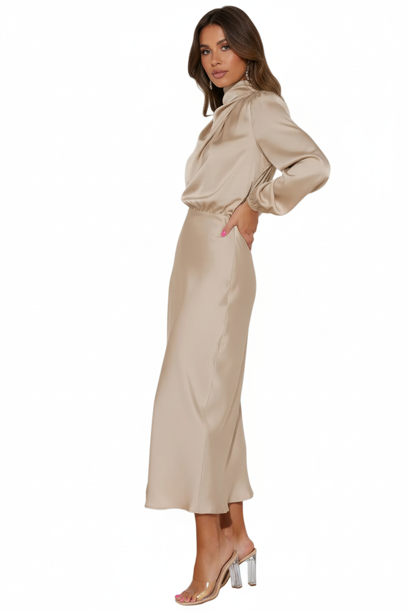 Robe pour femme à col montant drapé-Midi Dress-Gigié