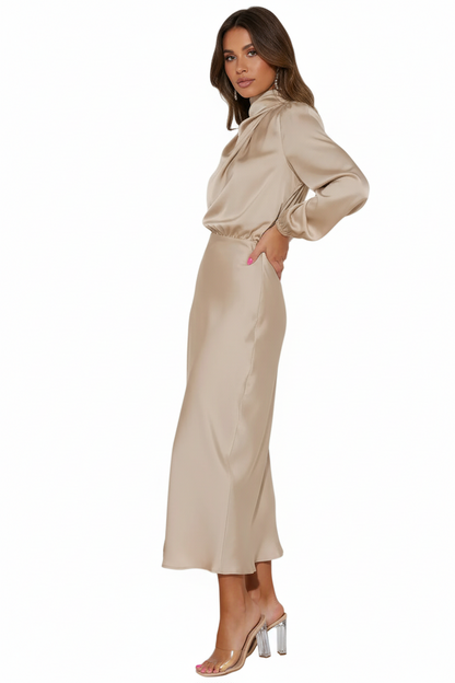 Robe pour femme à col montant drapé-Midi Dress-Gigié