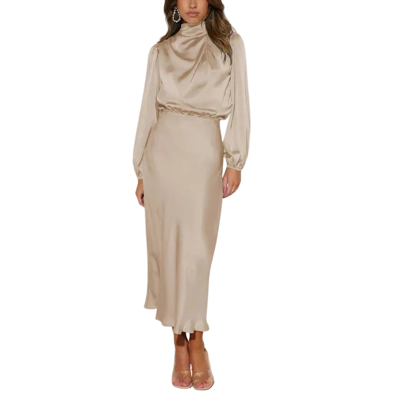 Robe pour femme à col montant drapé-Midi Dress-Gigié