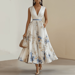 Robe pour femme avec décolleté en V et jupe plissée-Midi Dress-Gigié