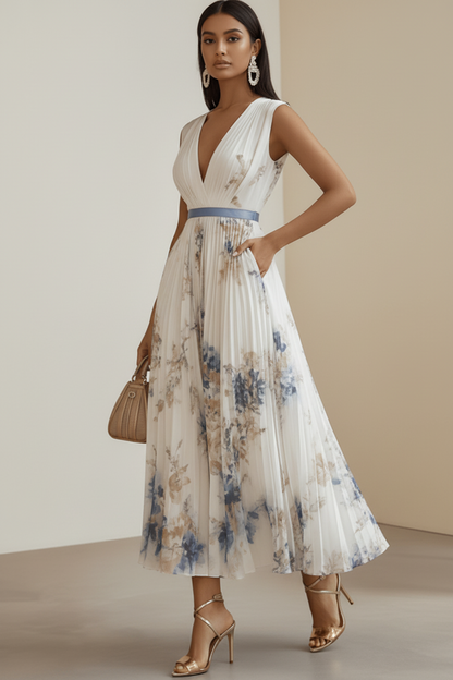 Robe pour femme avec décolleté en V et jupe plissée-Midi Dress-Gigié