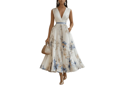 Robe pour femme avec décolleté en V et jupe plissée-Midi Dress-Gigié