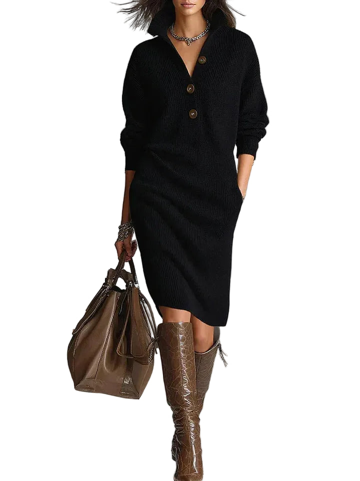 Robe Pull Midi Côtelée pour Femme avec Boutonnage-Midi Dress-Gigié