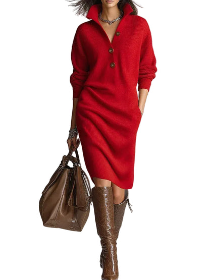 Robe Pull Midi Côtelée pour Femme avec Boutonnage-Midi Dress-Gigié