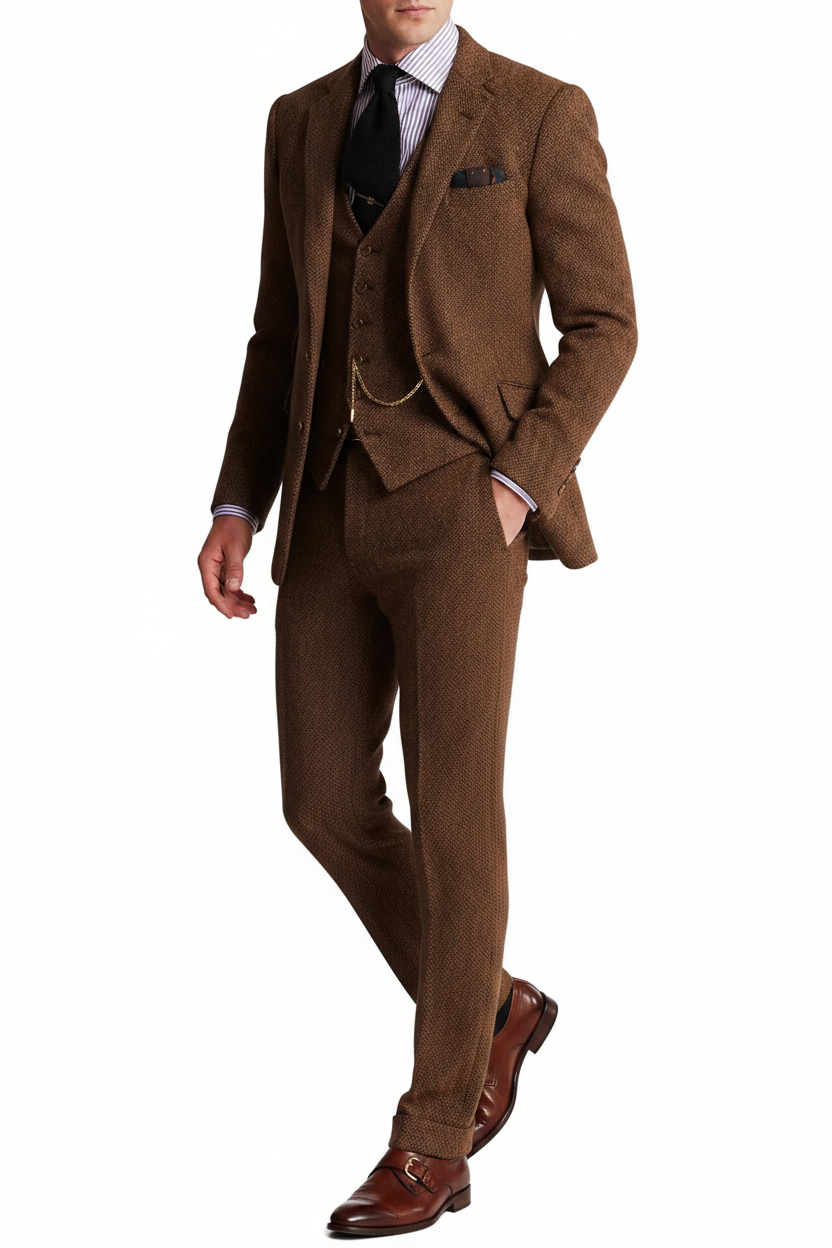 Costume homme trois pièces avec veste à revers et gilet boutonné